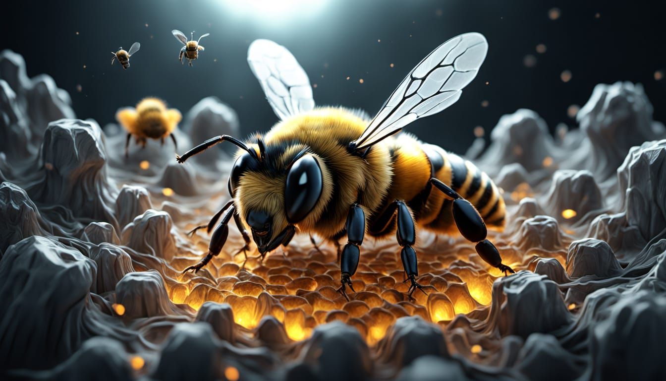 Surreal Hyper-Realistic Scene of Bees Constructing Glowing N...