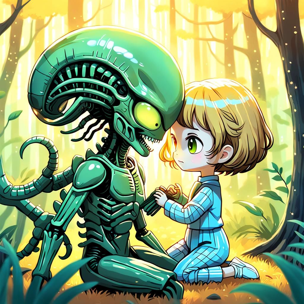 a sweet and cute chibi xenomorph combs Sigourney Weaver hair