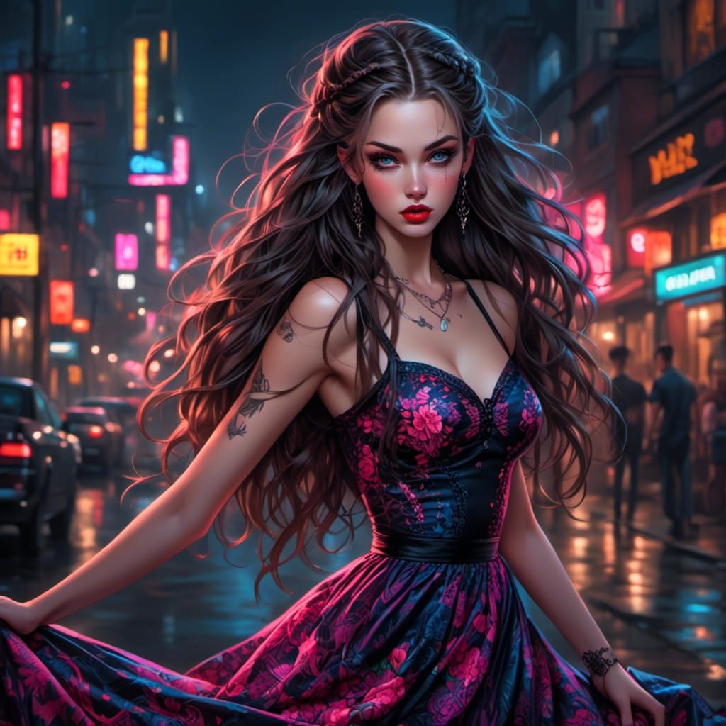 Neon Dress Lights Dark City Night