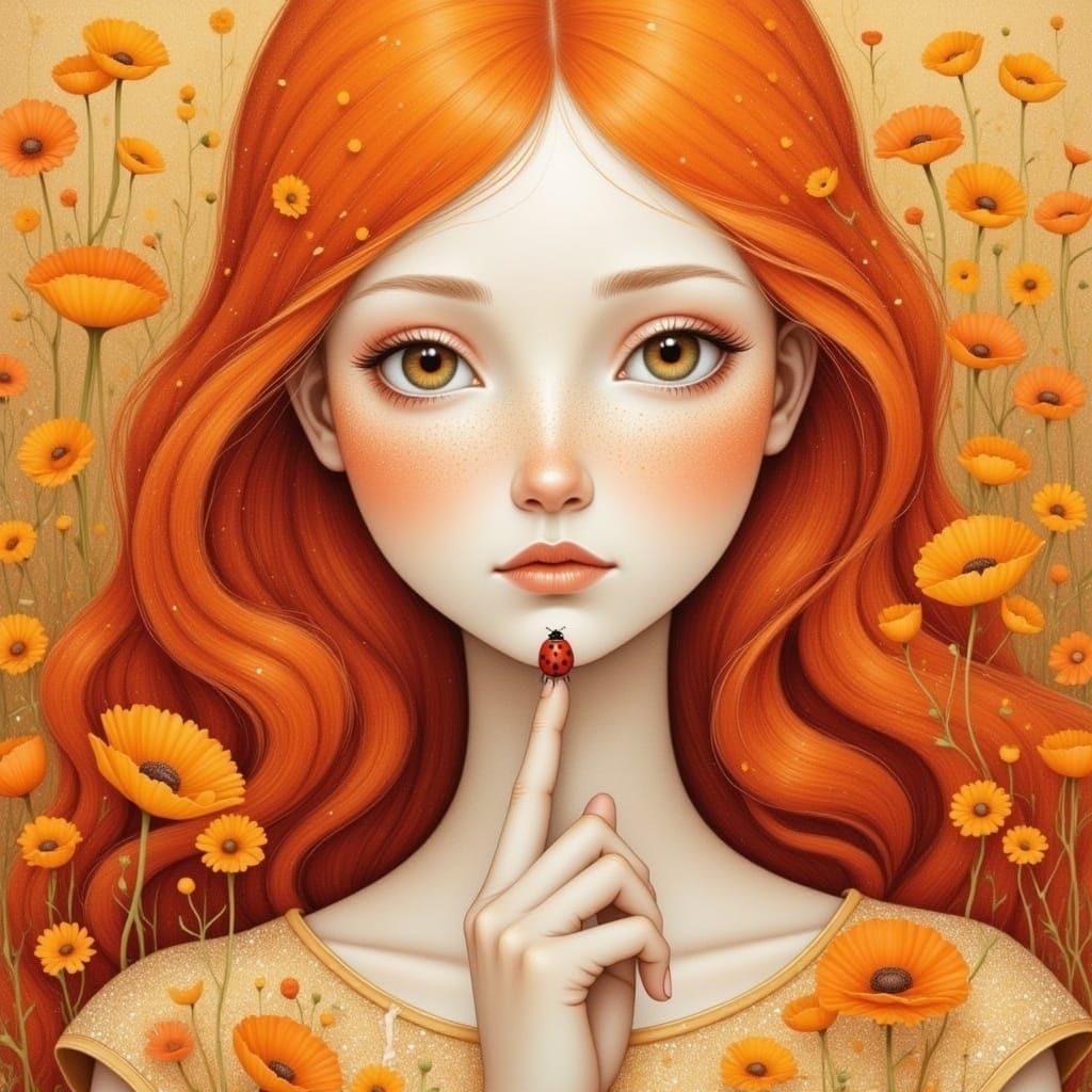 Ginger-Haired Girl with Ladybug in Floral Setting