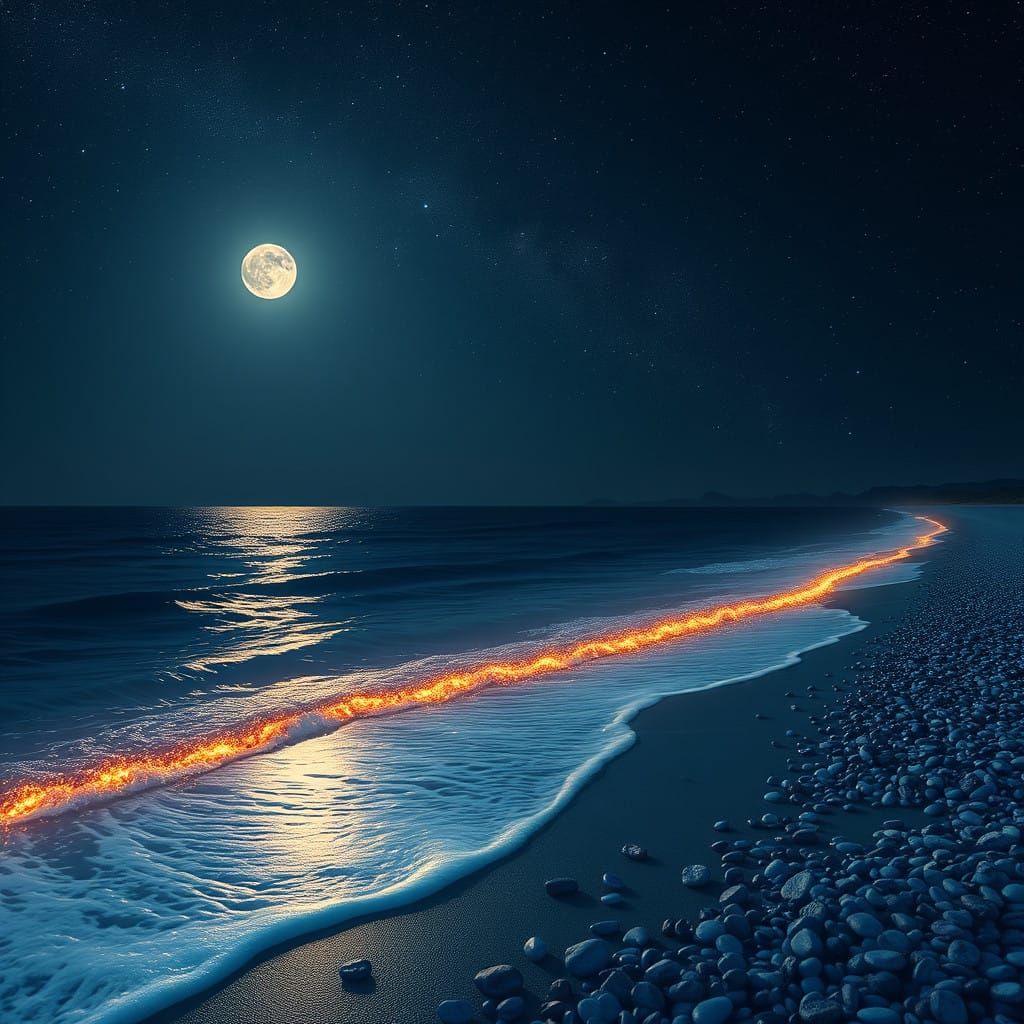 Moonlit Beach Scene with Sparkling Border of Light