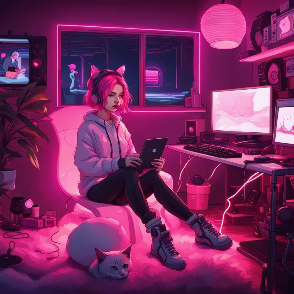 Cozy Gaming Room with Pink-Haired Girl and Cat