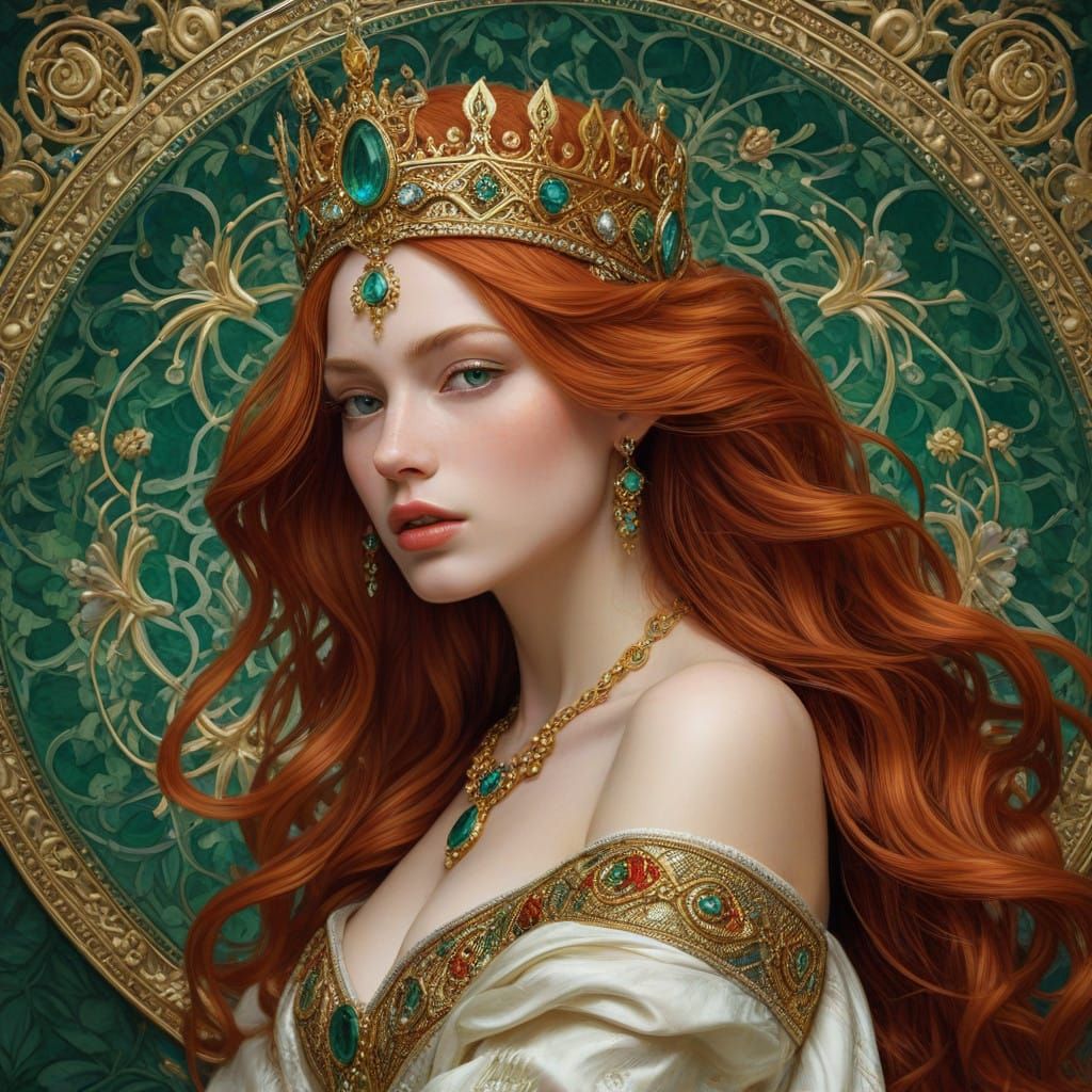 Mysterious Emerald Queen with Flaming Red Hair in Golden Opu...
