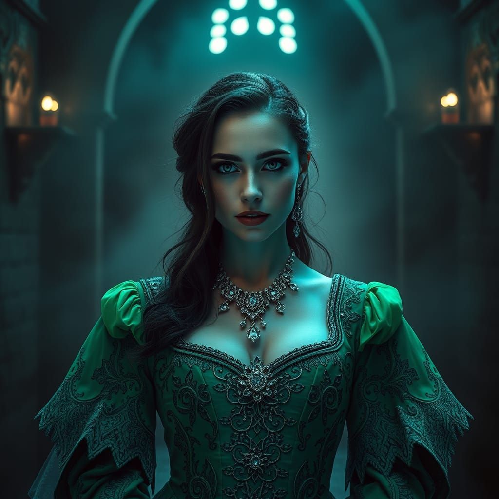 Medieval Woman in Cyberpunk Castle: Monochrome Photography