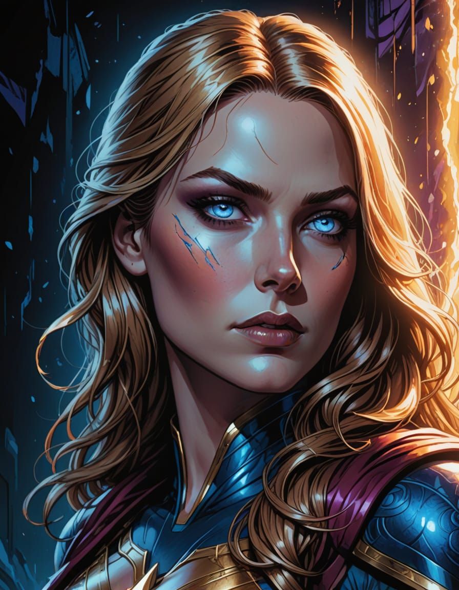 Royal Blue-Eyed Superheroine in Chiaroscuro Lighting