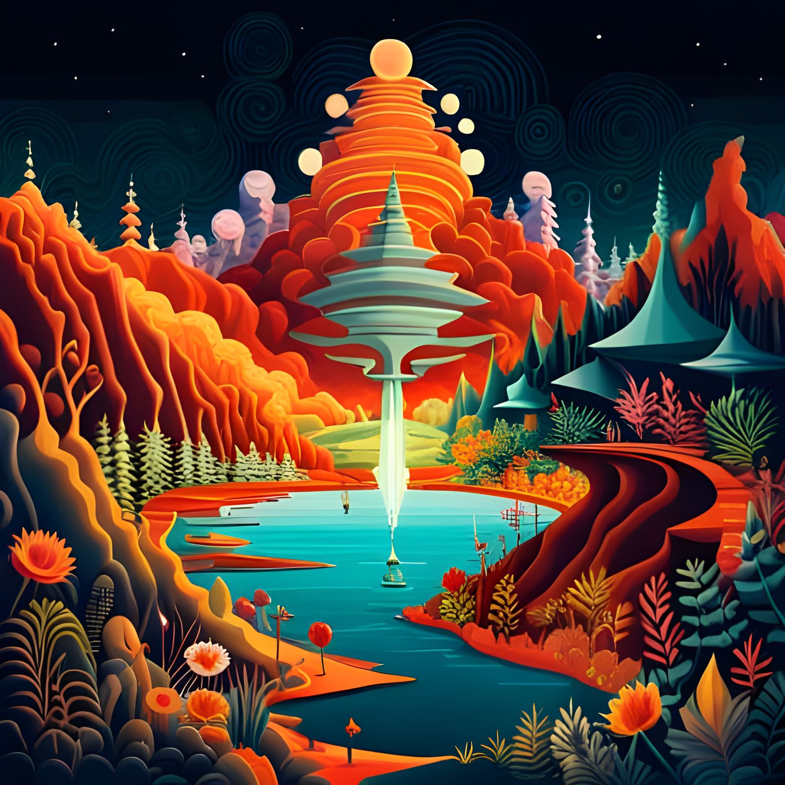 Surreal Alien Landscape with Vibrant Flora