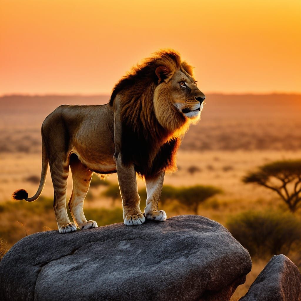 A Lion Roars in the Distance Amidst a Vibrant African Sunset