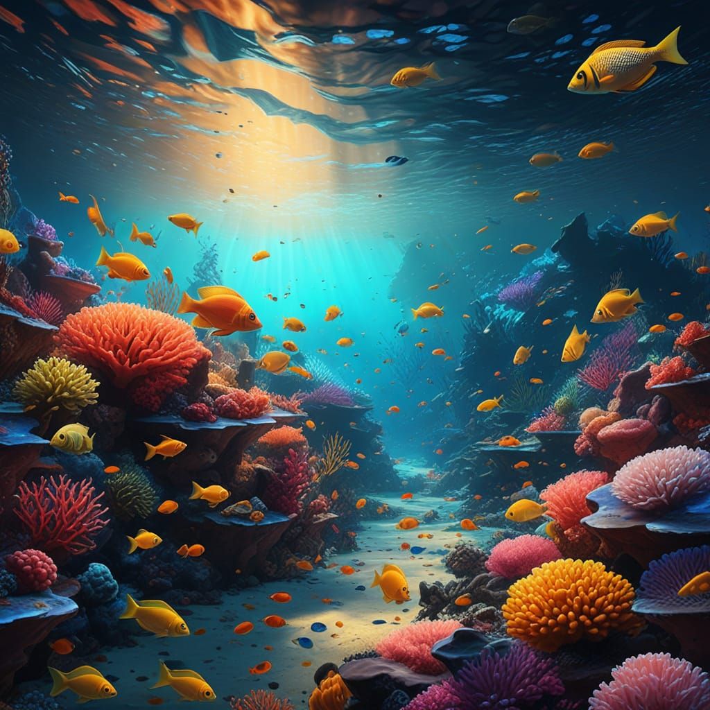 Vibrant Coral Reef Digital Oil Painting