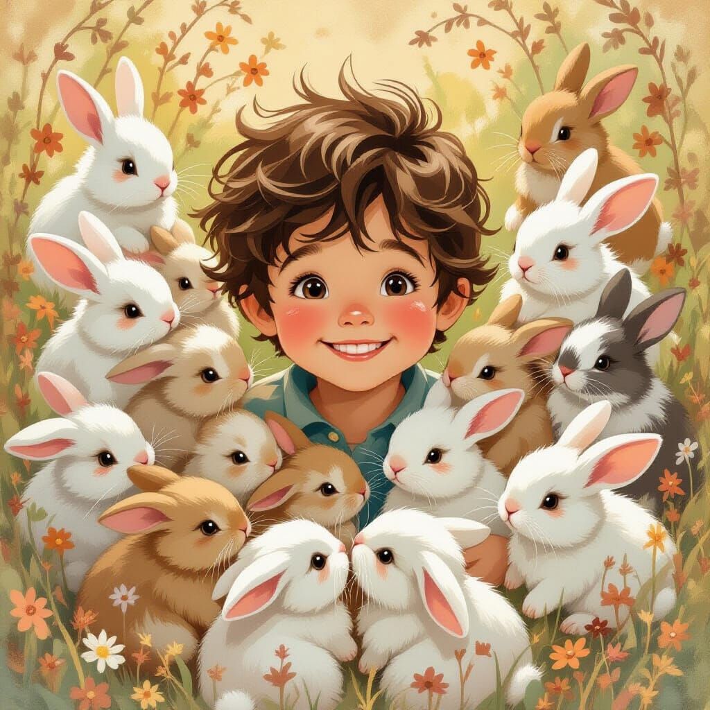 Whimsical Boy Surrounded by Fluffy Rabbits