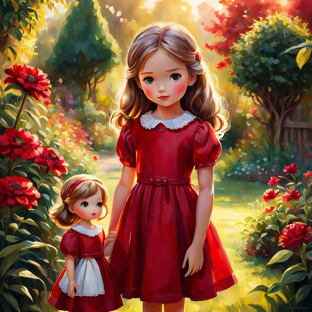 Whimsical Red Dresses in a Vibrant Garden Scene