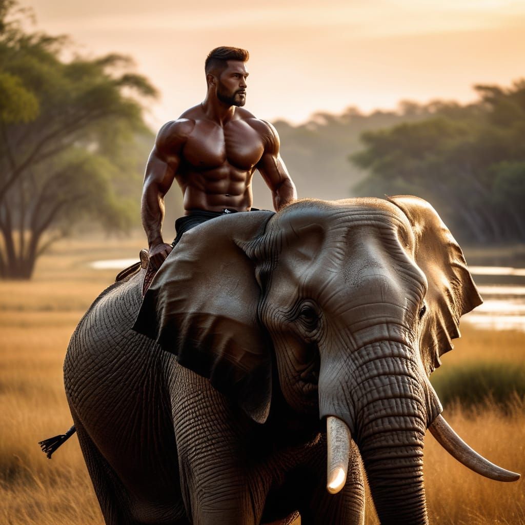 Heroic Man Rides Majestic Elephant in Golden Hour