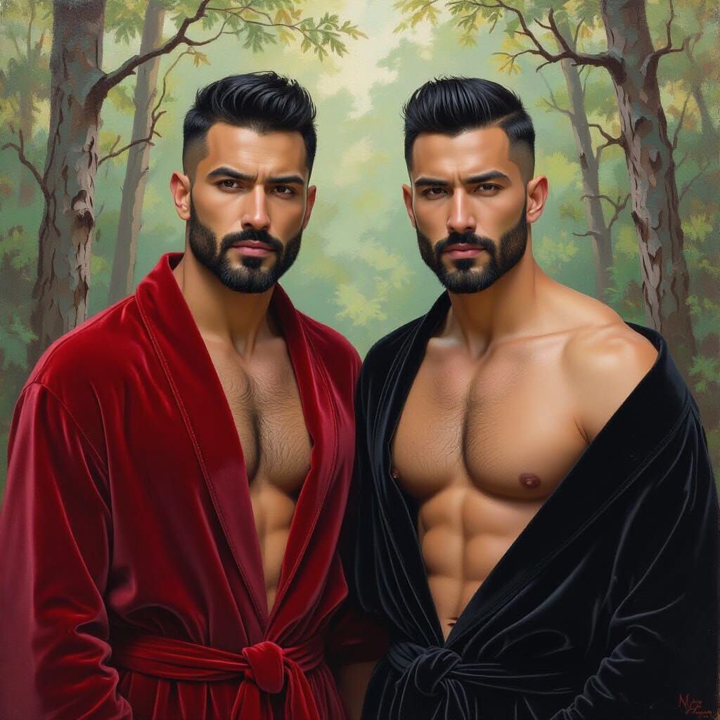 Handsome Men in Forest Landscape, Impressionist Portrait