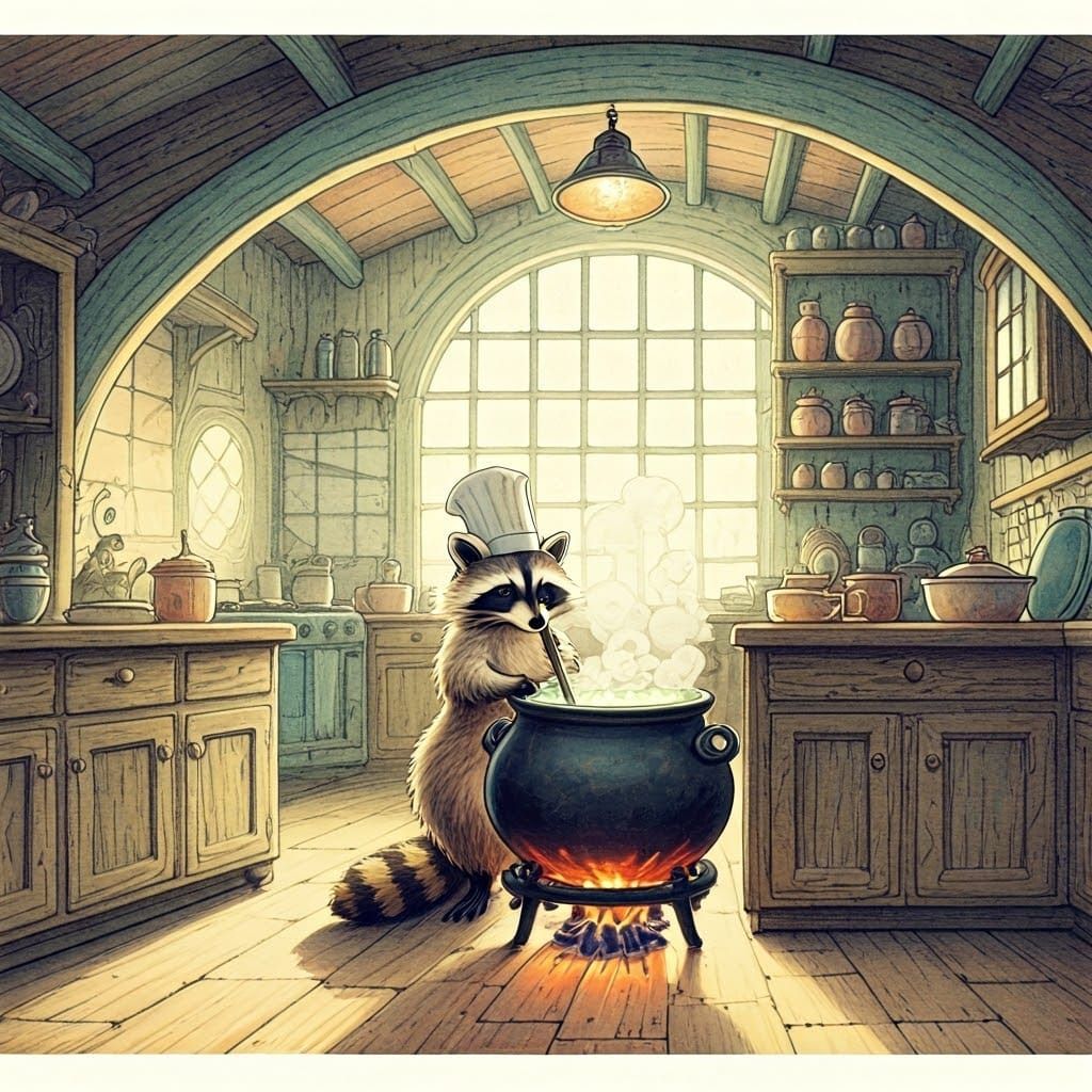 Whimsical Kitchen Scene in Watercolor Style
