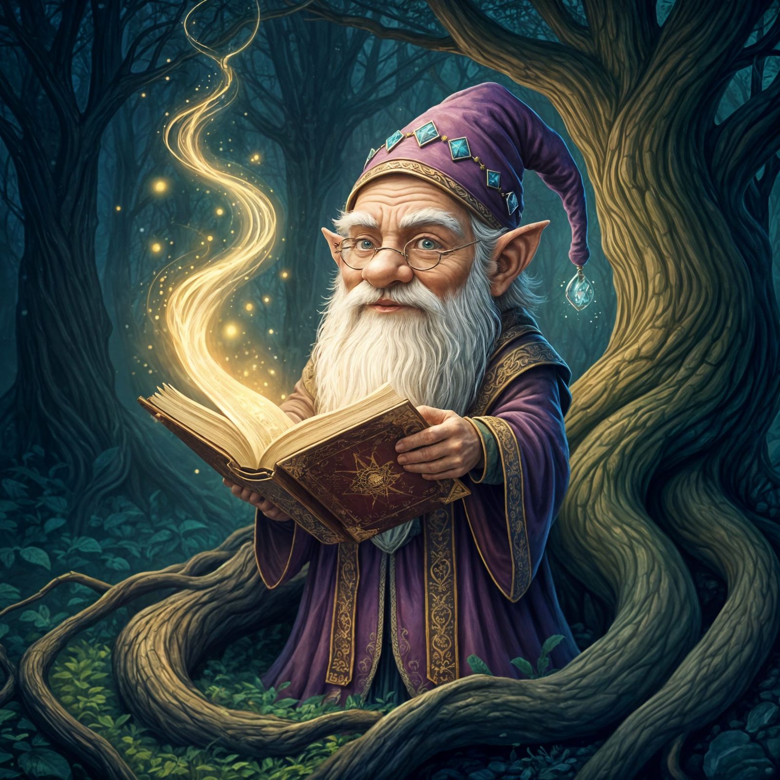 Gnome Wizard Summoning Magic in Watercolor Style