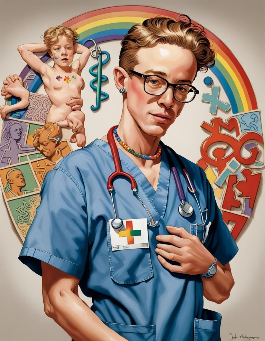 Art by J.C. Leyendecker, Keith Haring, a medical professional in scrubs adorned with rainbow pins and a subtle trans sym...