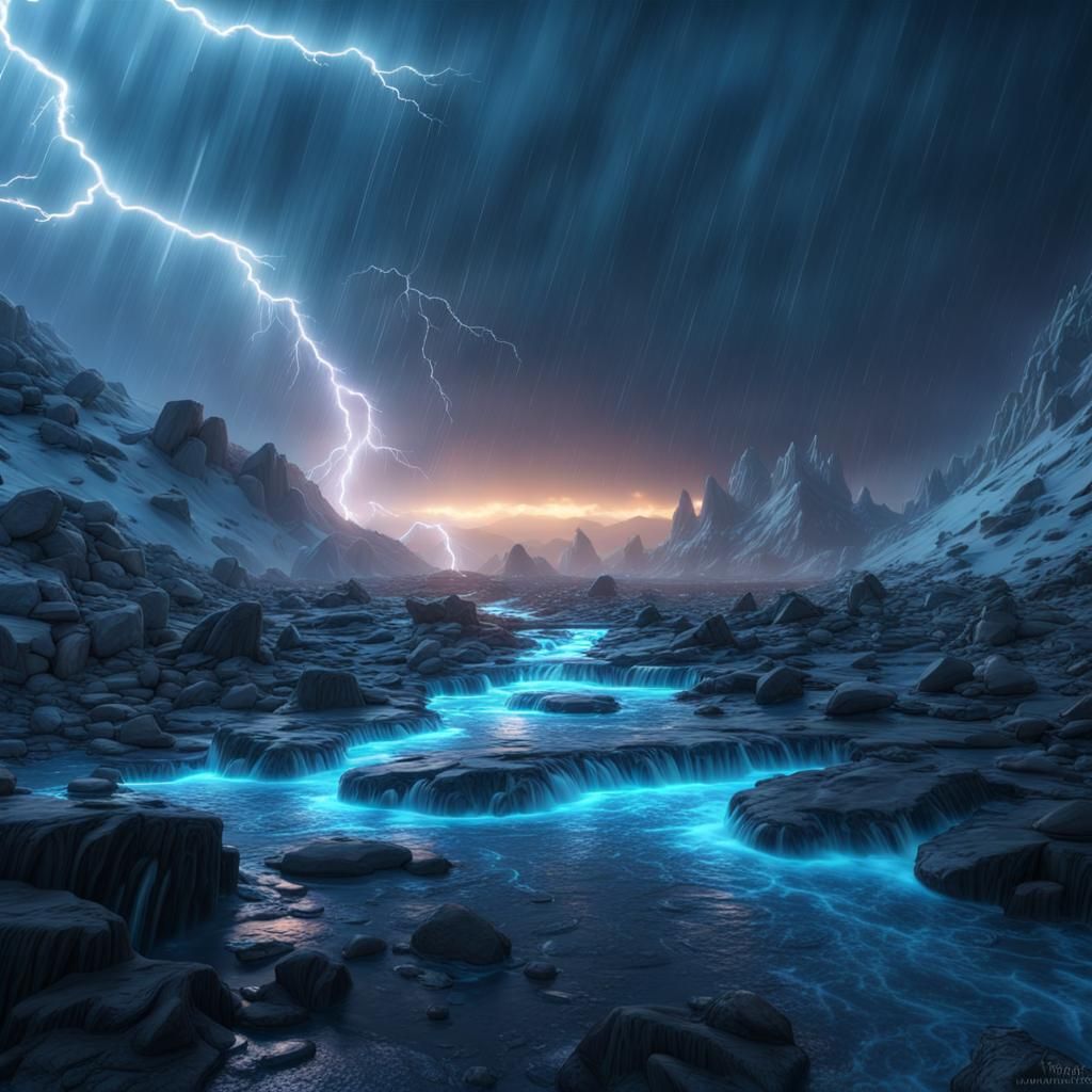 Fluorescent Arctic Scene with Lightning, Detailed Matte Pain...