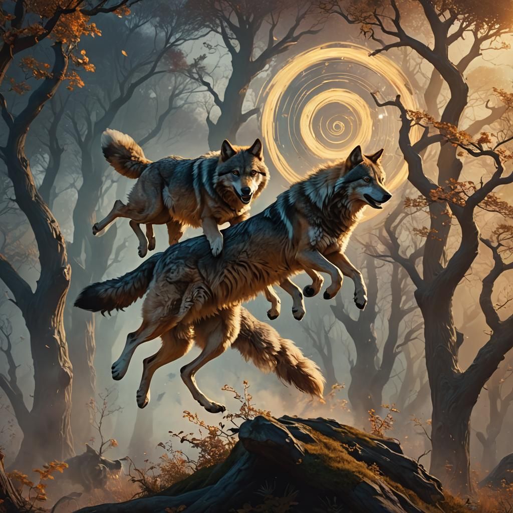 Mystical Wolves Chase in Ethereal Spiral Painting