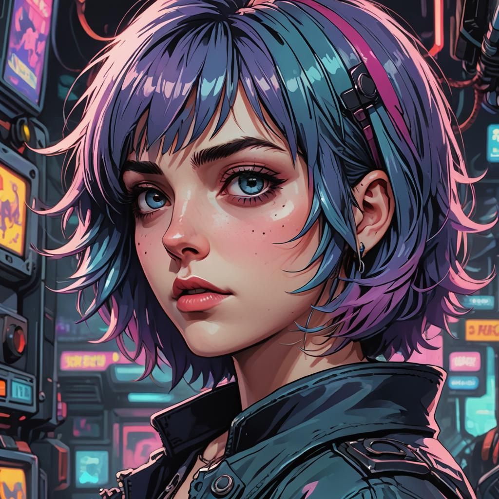 Retro Cartoon Girl in Cyberpunk Vaporwave Style