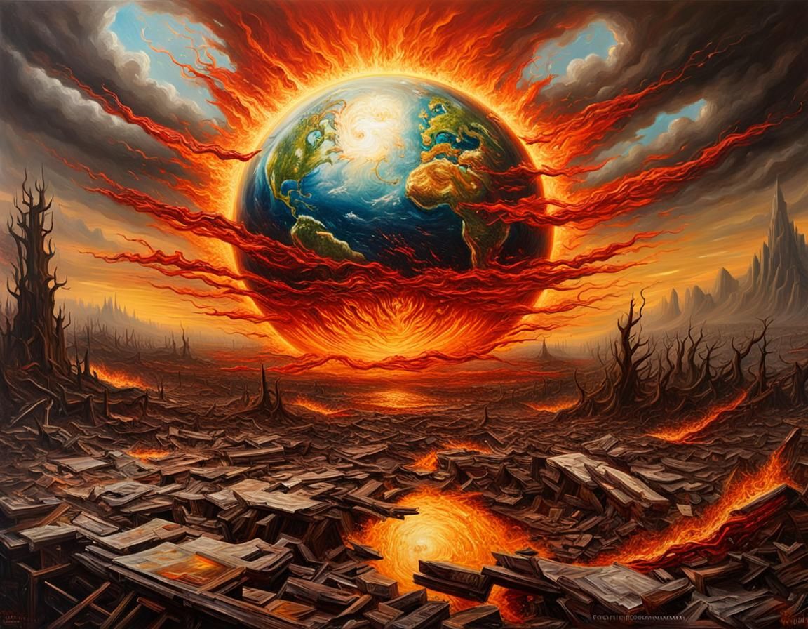 Sinister Sun Over Destroyed Earth: Oil Painting