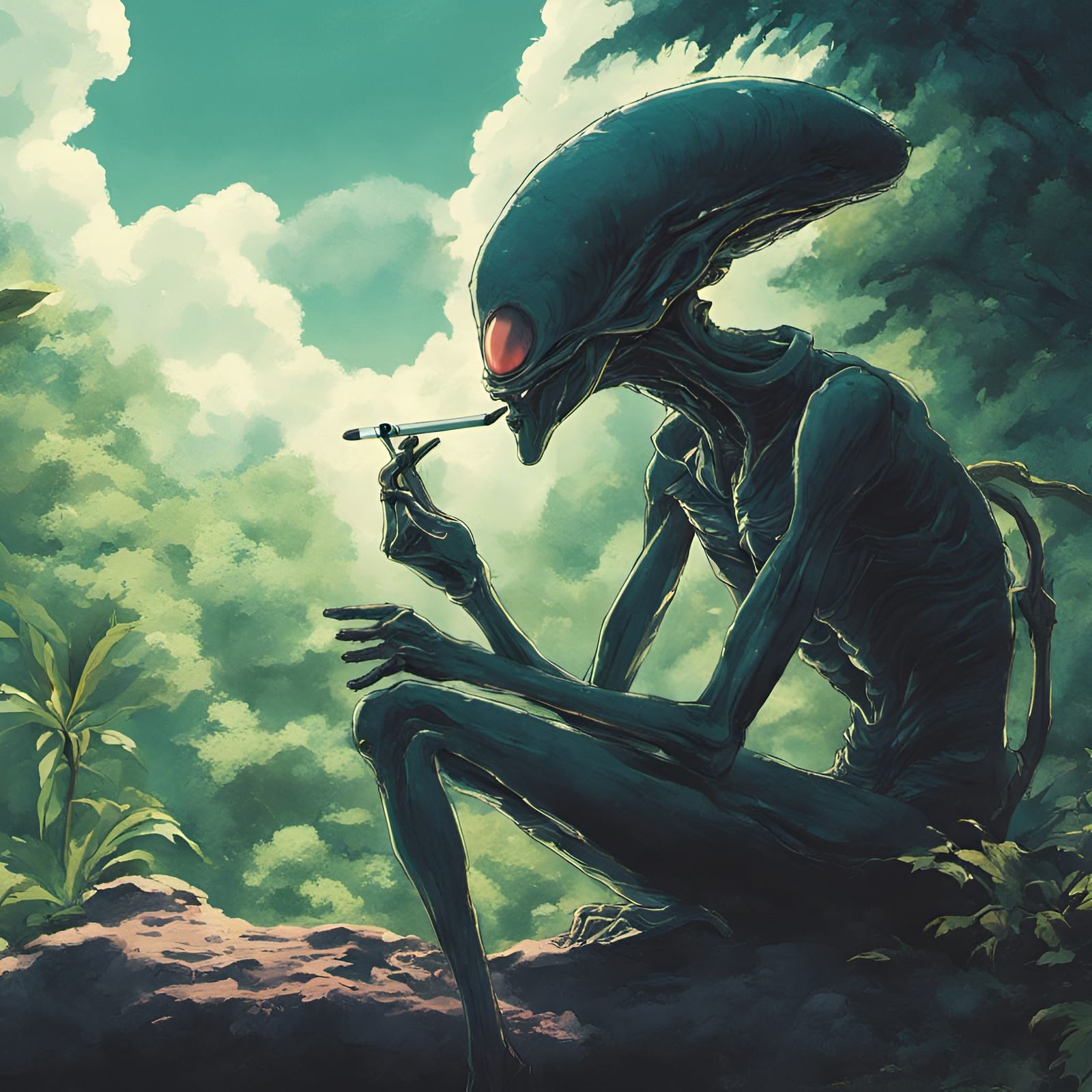 Alien Smoking Cigarette in Studio Ghibli Style