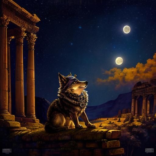 Steampunk Wolf Under Starry Sky in Roman Architecture
