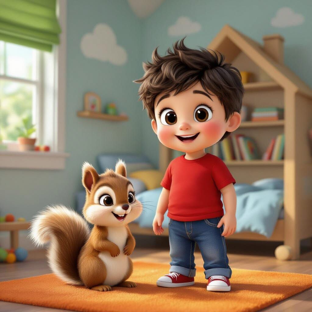 Toddler Boy and Squirrel in Cozy Storybook Room