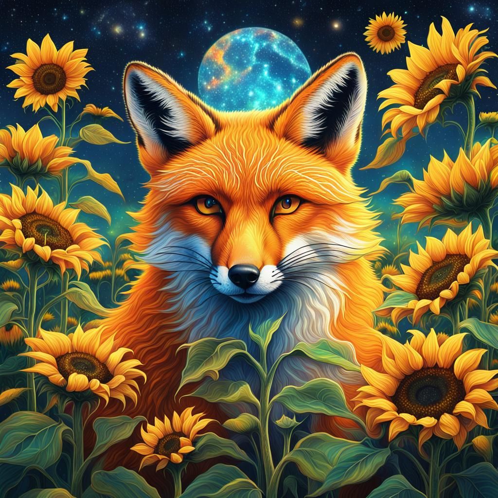 Fox in Sunflower Field: Cosmic Holographic Art