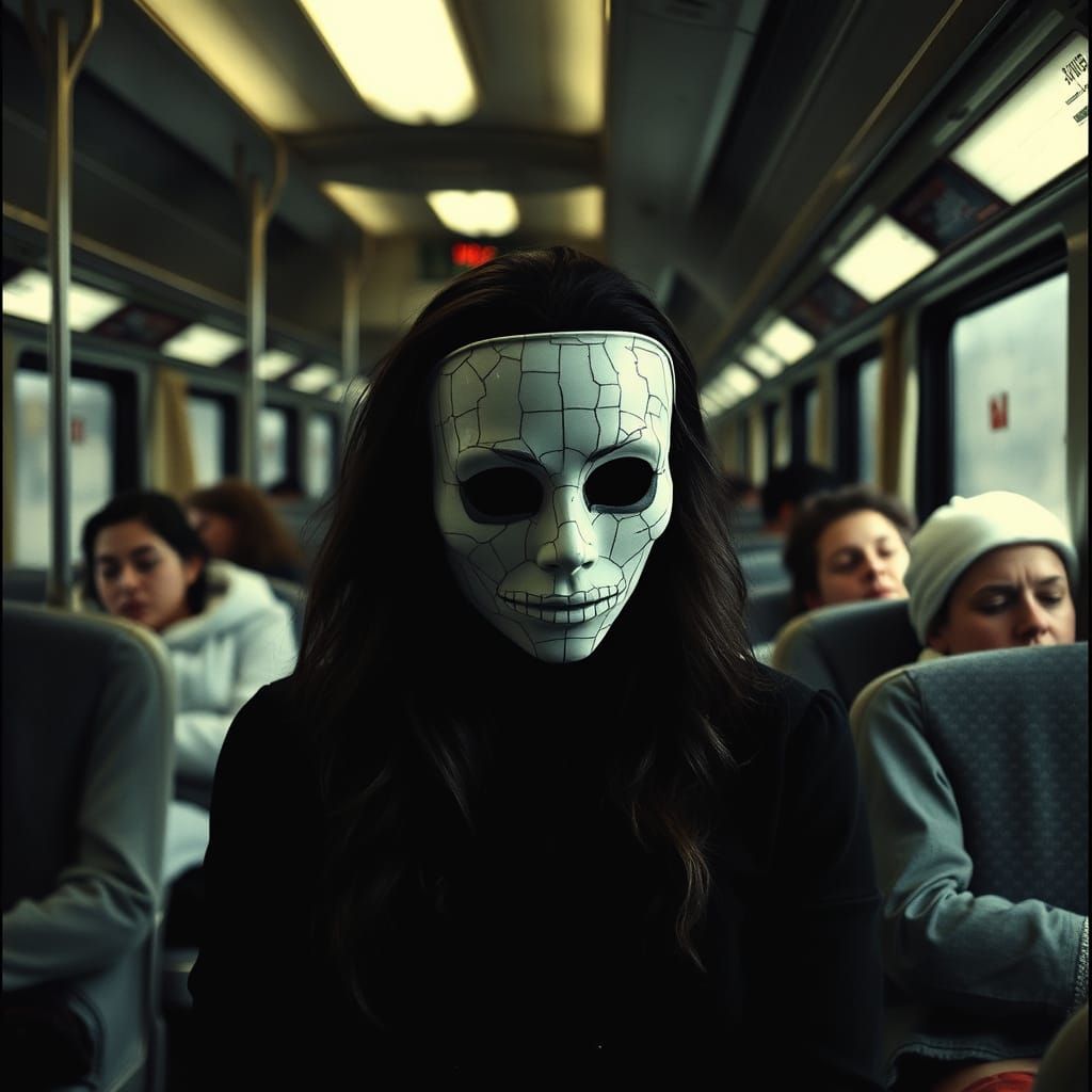 Woman with Cracked Mask on Train