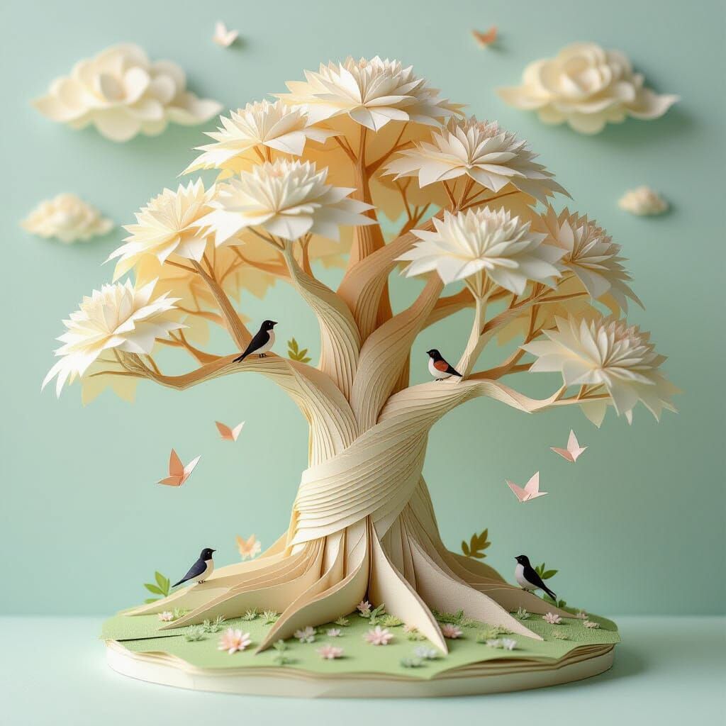 Ancient Paper Tree Diorama in Soft Light