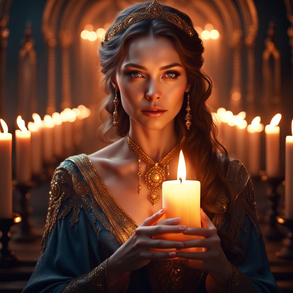 Woman Holding Candle in Matte Painting Style