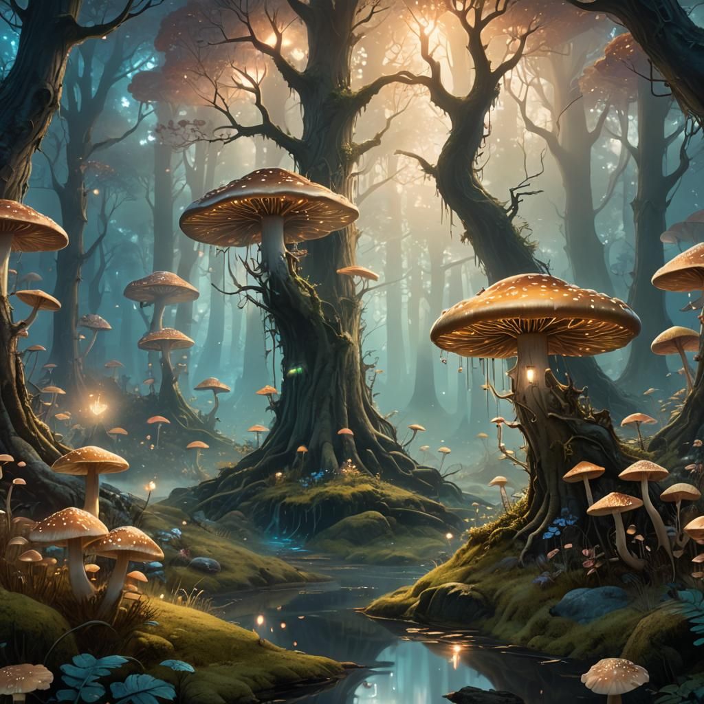 Mystical Forest Landscape with Glowing Mushrooms