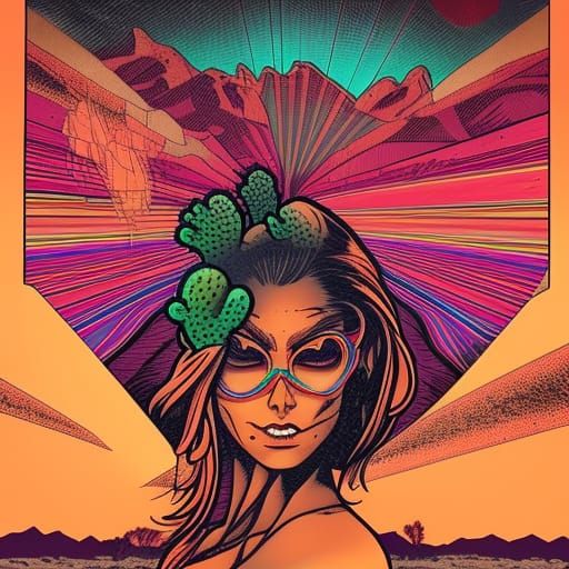 Psychedelic Retro Tattoo Cowgirl in Desert Landscape