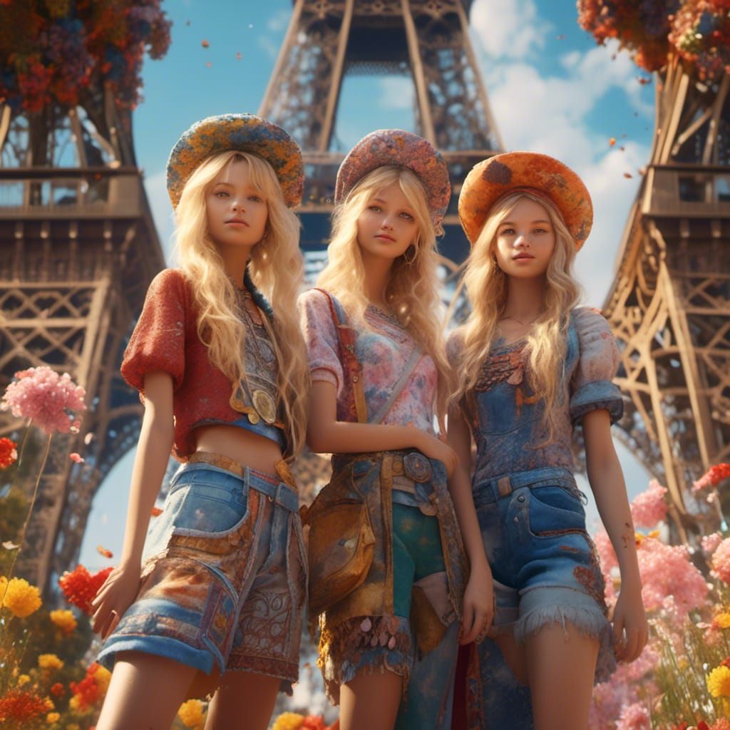 Anime Girls in Hippy Style at Eiffel Tower
