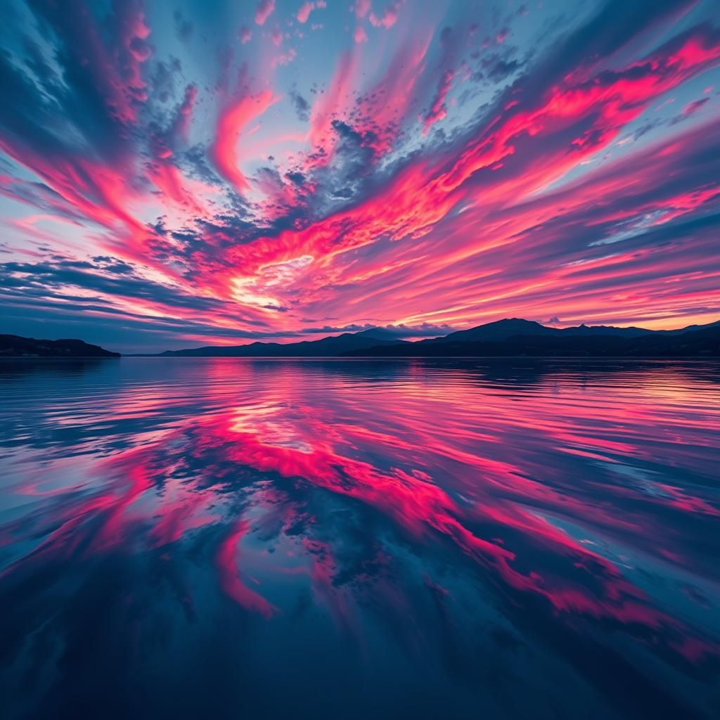 Serene Lake Reflecting Vivid Sunset in Splash Art
