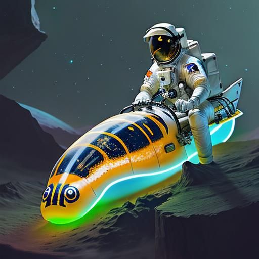 astronaut  riding a bio-luminescent slug.