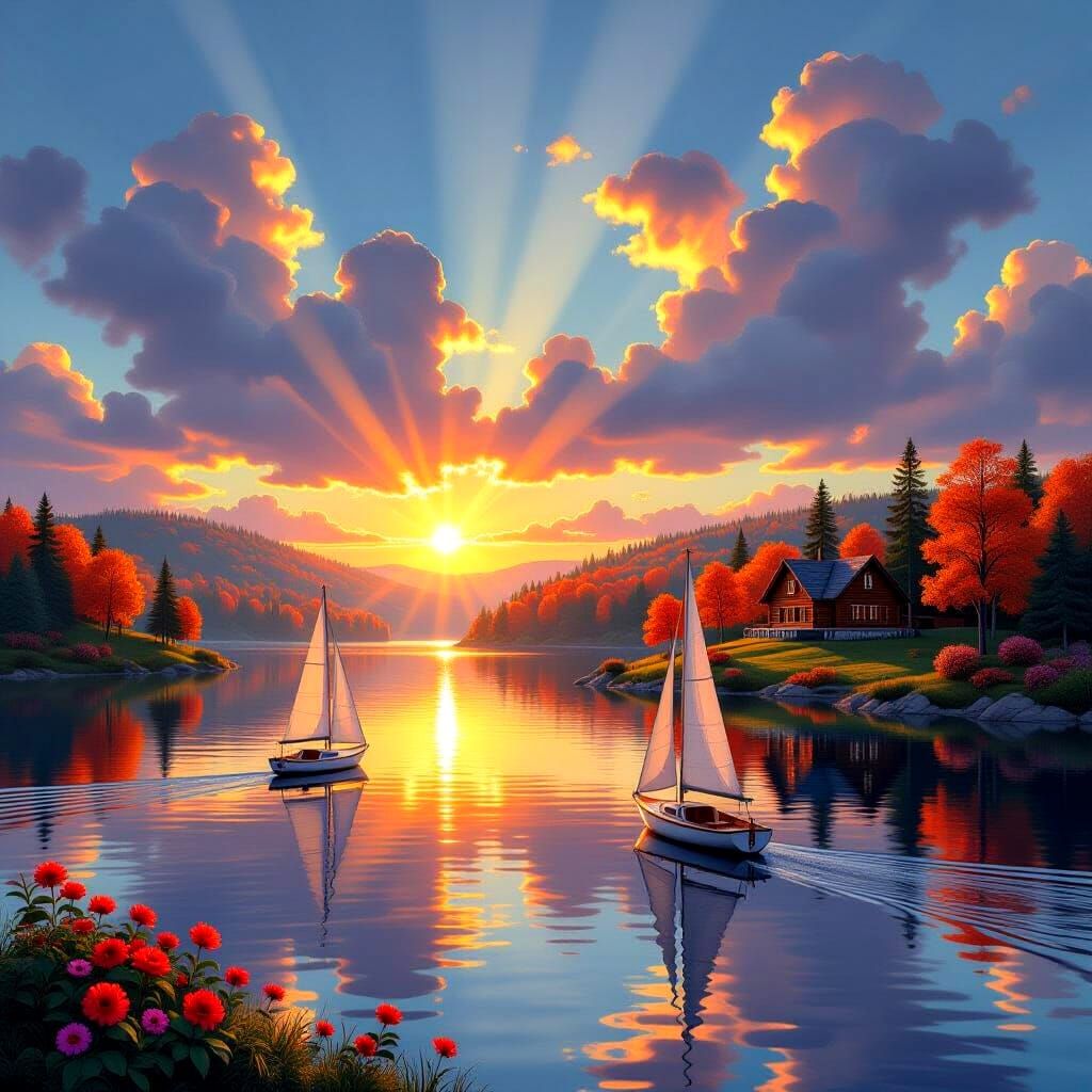 Autumn Lake Sunrise with Sailboats: Photorealistic 3D Render