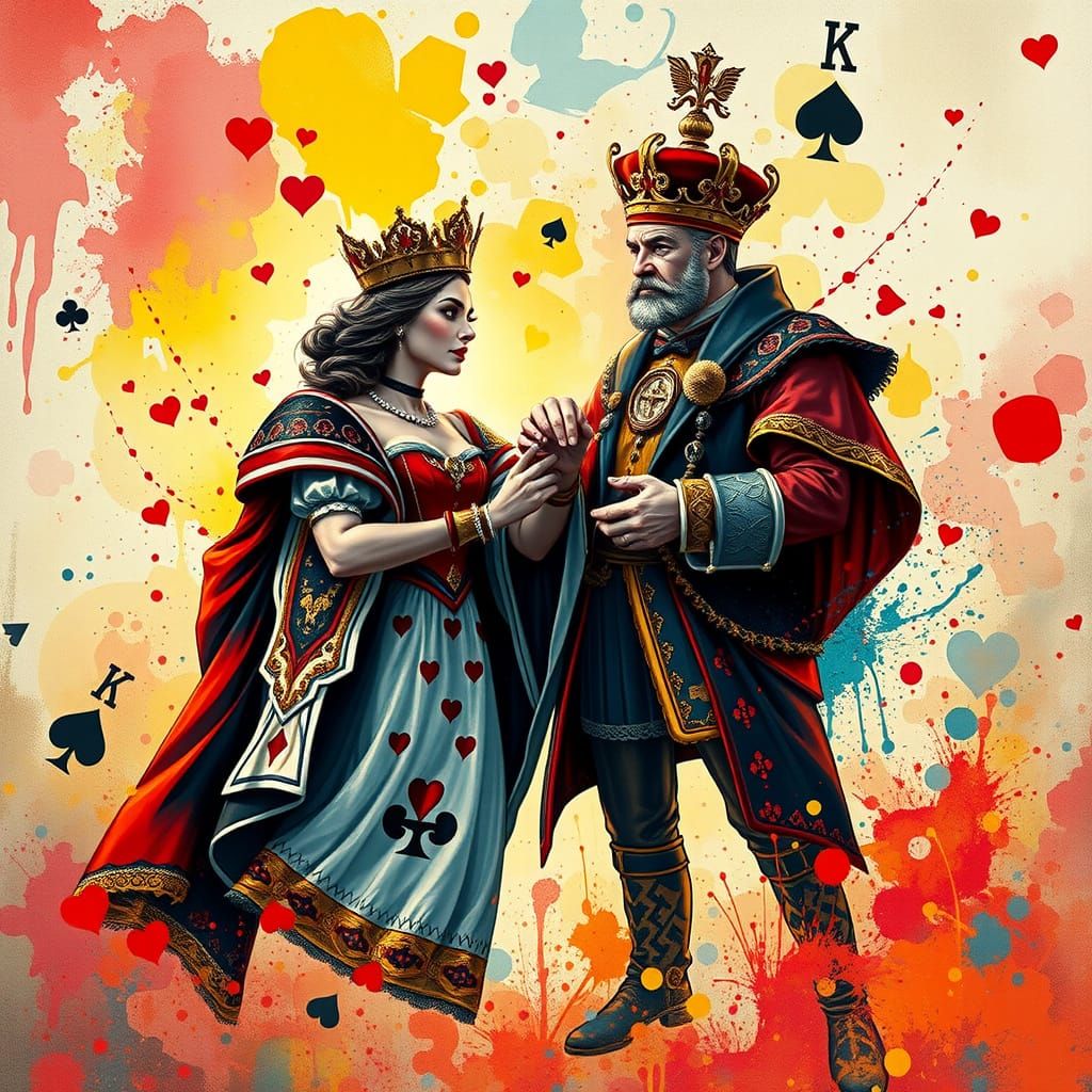 Regal Couple Emerging from Playing Cards in Vibrant Splatter...