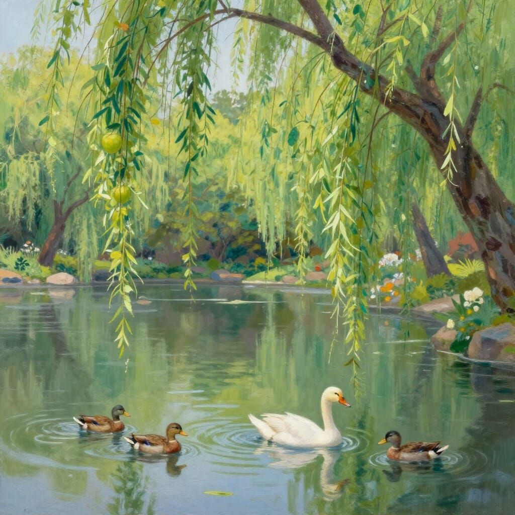 Elegant Willow Trees and Pond Scenery in Oil Painting Style