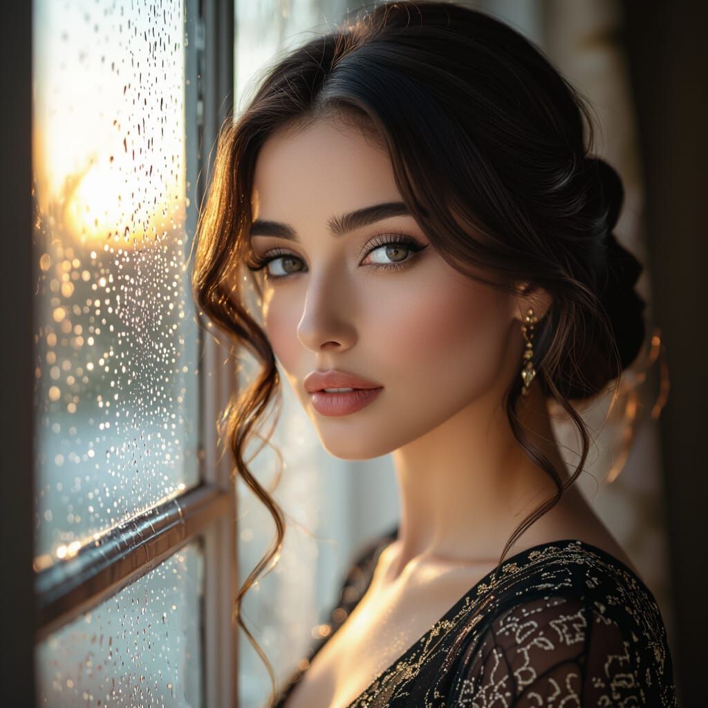 Cinematic Portrait of Persian Woman by Rainy Sunset Window