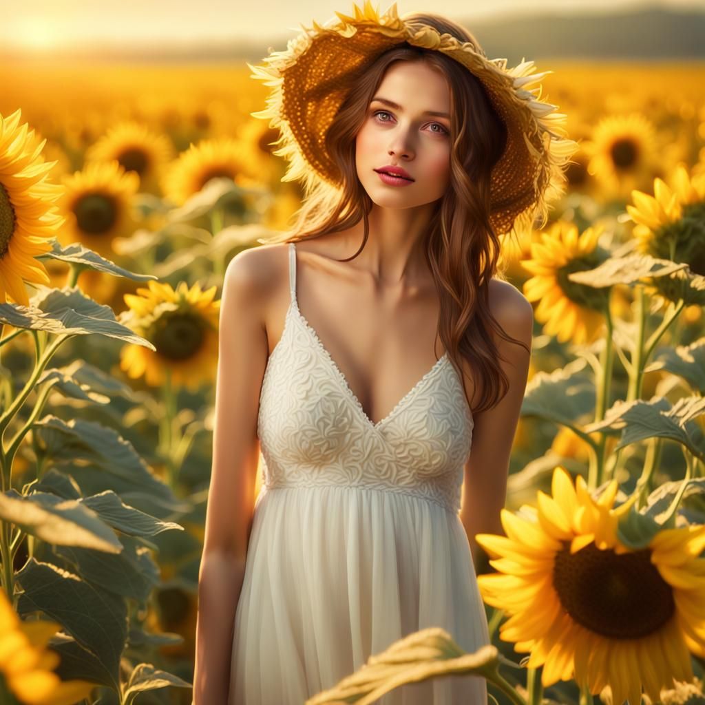 Beautiful Woman in Sunflower Field: Matte Painting
