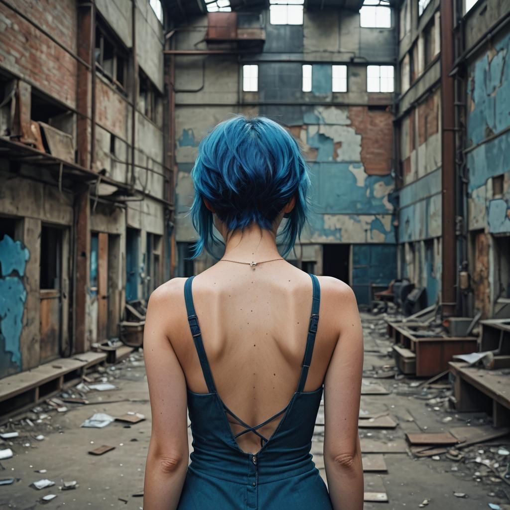 Angry Blue-Haired Nude in Abandoned Factory