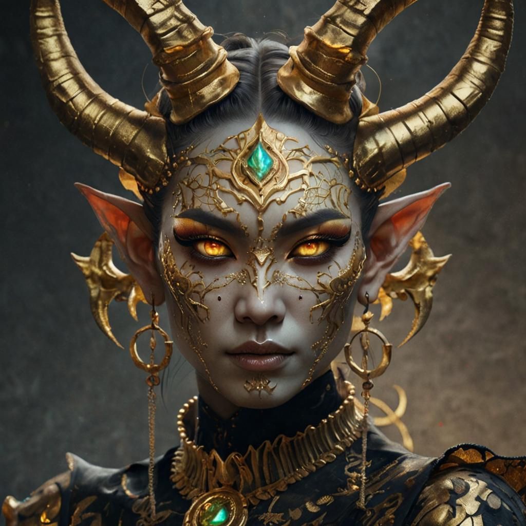 Solarpunk Asian Demon with Golden Horns