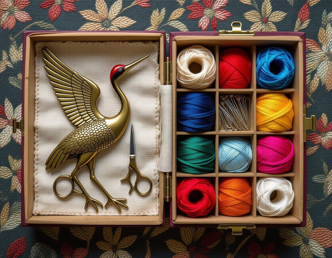 Bronze Crane Scissors Beside Sewing Kit - Impressionist Matt...