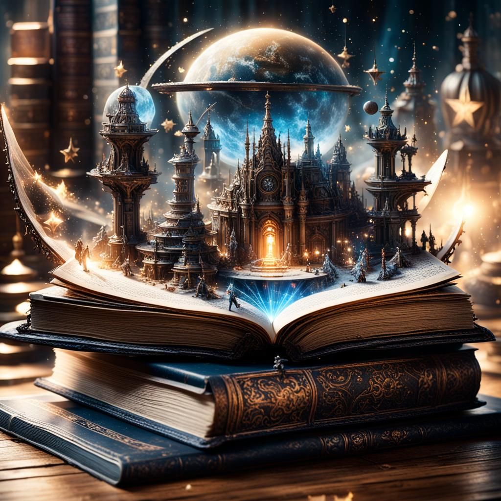 Sci-Fi World Emerges from Book, Digital Illustration