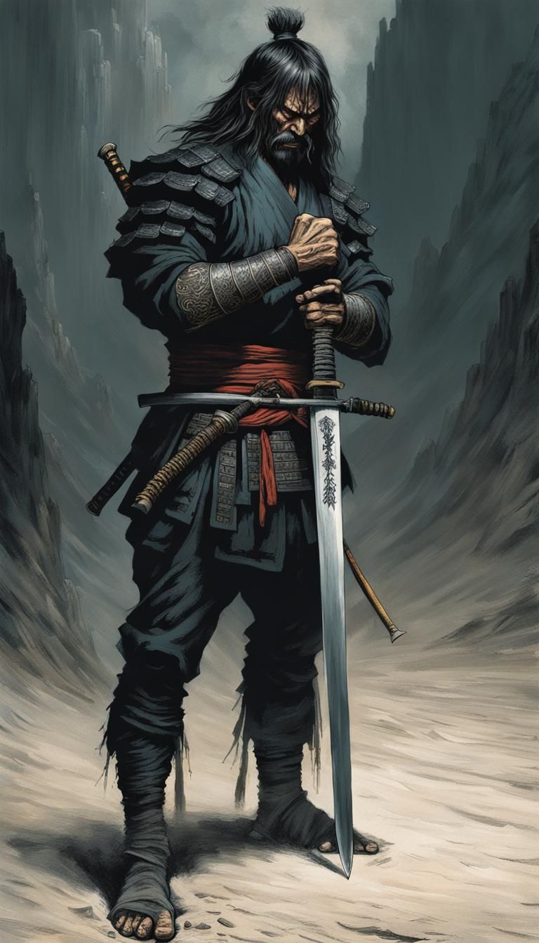 Muscular Samurai with Katana in Death Metal Art