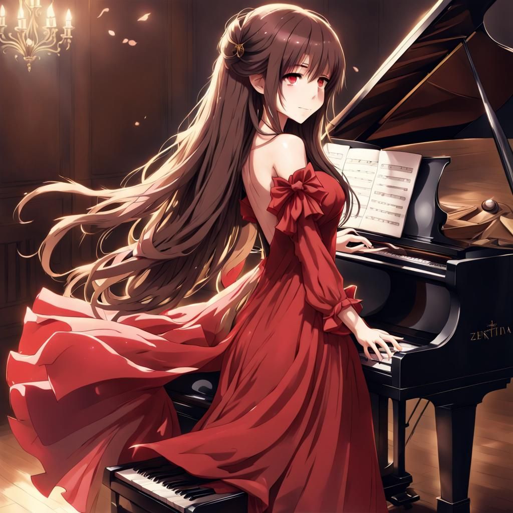 Anime Style Pianist in Flowing Red Dress