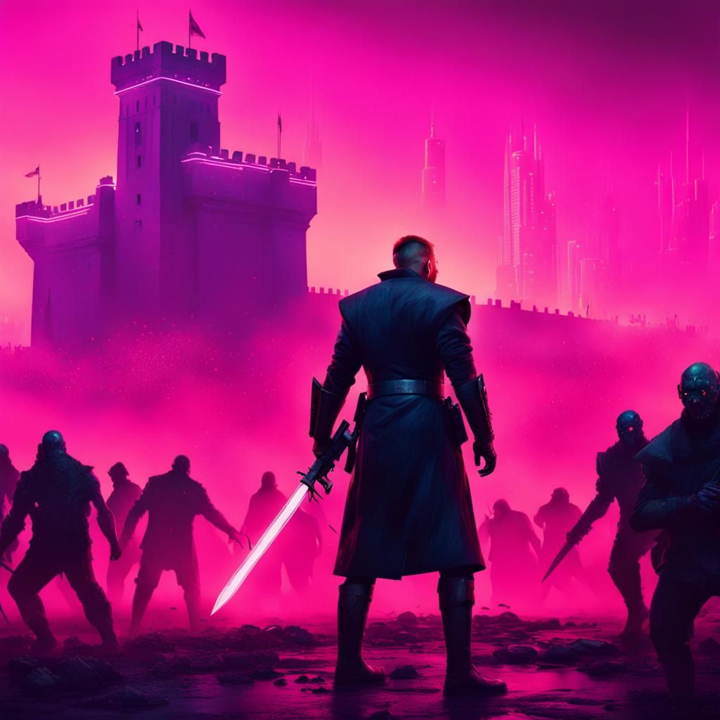 Cyberpunk Knight Defends Castle from Zombie Horde