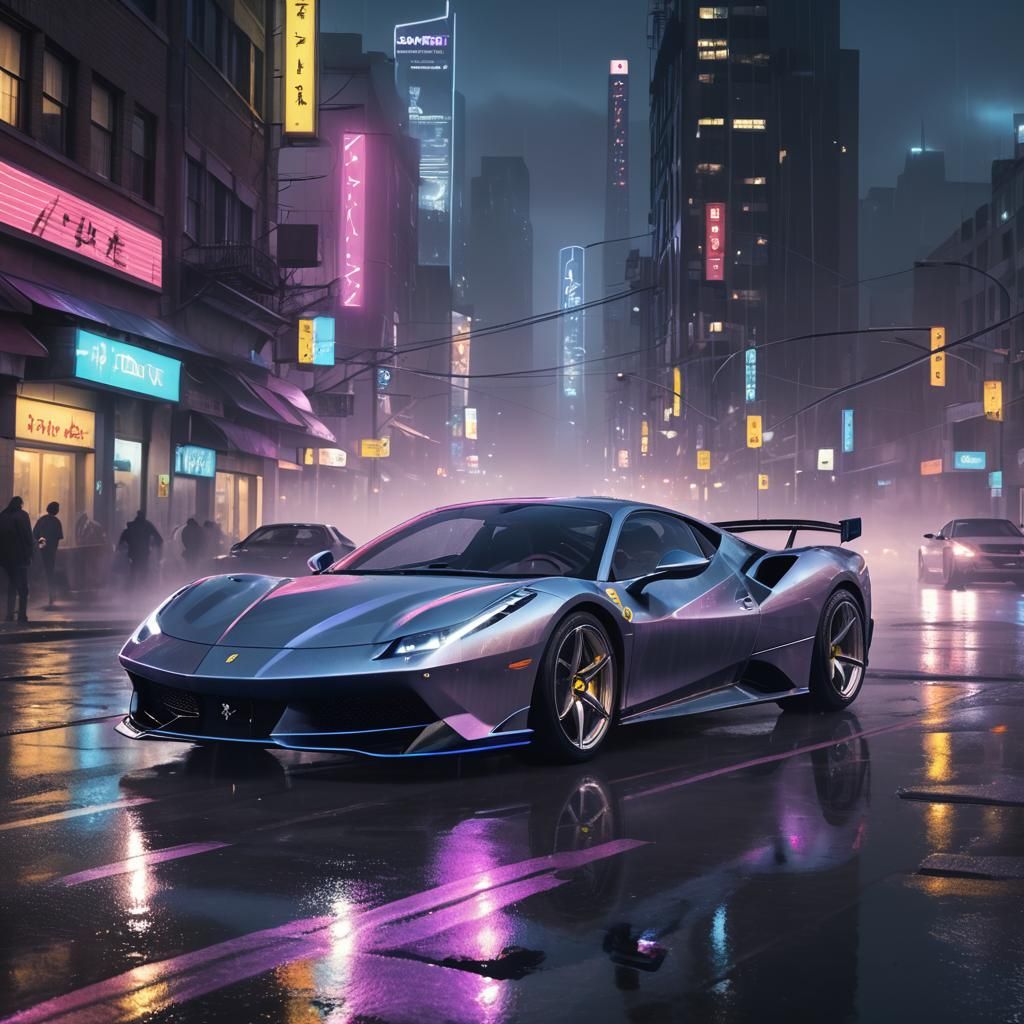 Sleek Ferrari Speeds Through Cyberpunk Cityscape