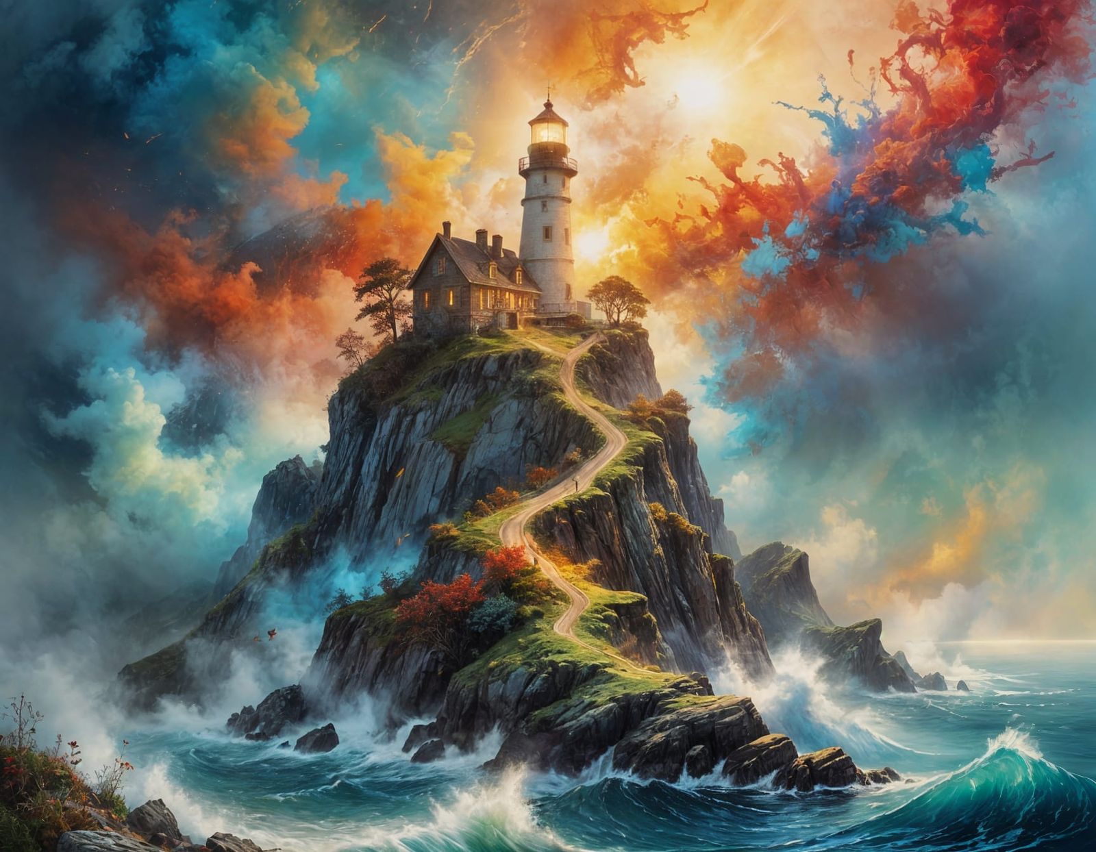 Luminous Hilltop Lighthouse in Ethereal Fog