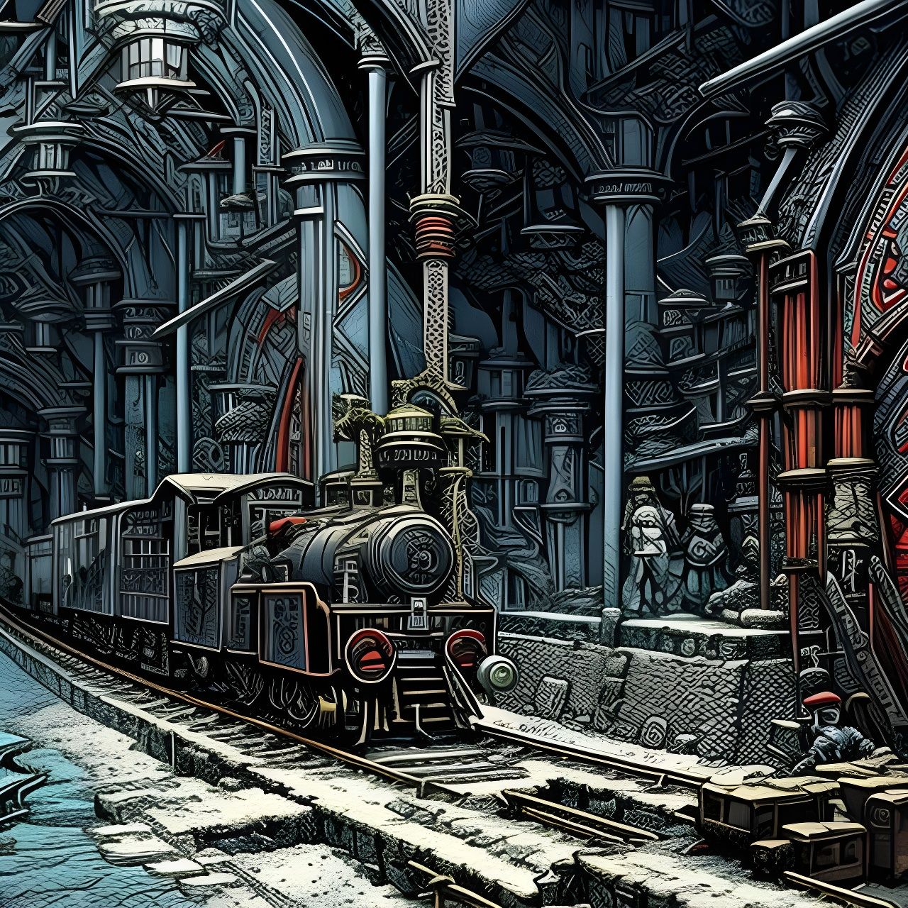 Detailed Ink Drawing of a Dwarven Underground City